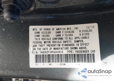 2015 Honda Accord Lx z USA, uszkodzony, nr VIN 1HGCR2F34FA045818